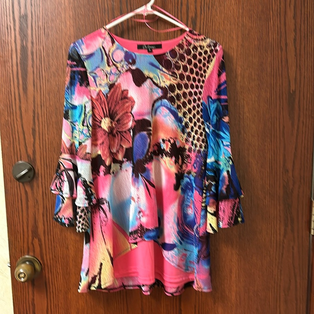 Tunic length top with double ruffle sleeves